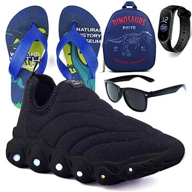 Imagem de Tenis Infantil De Led Calce Facil Elastico Meninos Masculino + Mochila Chinelo Oculos Relogio Cor:Preto;Tamanho:32