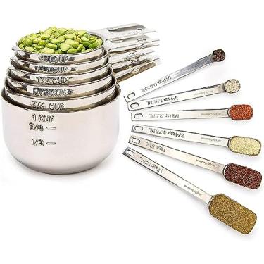 Imagem de Simply Gourmet Conjunto de 12 copos e colheres de medição – Utensílios de cozinha de aço inoxidável – Design empilhável com colheres de cabo longo – cabe em potes – Conjunto de medição para cozinhar e