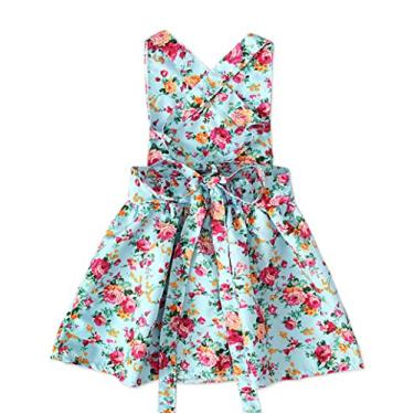 Imagem de Vestido de verão com laço para bebês com estampa floral para crianças, meninas, frente única, vestido infantil macaquinho e saia para meninas, Azul, 12-18 Meses