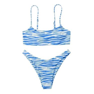 Imagem de Biquíni feminino multicolorido, listrado, sexy, estampa de praia, temperamento, roupa de banho dividida, tanquini com busto, Azul, P