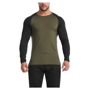 Imagem de Camisa esportiva masculina manga comprida combinando cores camiseta atlética gola redonda slim fit, Verde militar, 3G