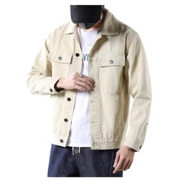 Imagem de Jaqueta jeans masculina casual lapela trabalho casaco de botão justo para pele lisa casaco jeans, Cáqui, 3G