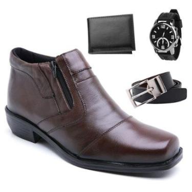 Imagem de Kit Bota Masculina Couro Social Cano Curto Com Zíper Lateral Conforto + Relógio + Cinto + Carteira-Masculino