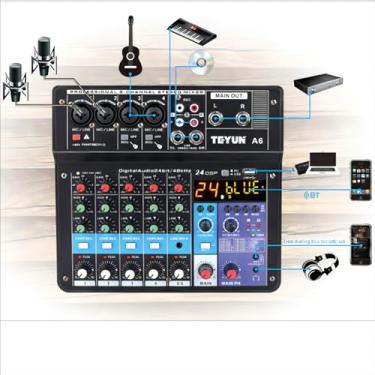 Imagem de Mixer de áudio profissional,6/7/8/12 canais Mixer de placa de som com Bluetooth, entrada USB para PC Fonte de alimentação fantasma de 48V para música, Podcast, Produção (6 canais)