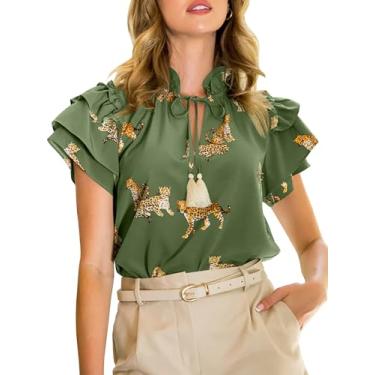Imagem de Cicy Bell Blusa feminina casual de chiffon verão com babados manga curta cordão gola V estampa leopardo, Verde, M