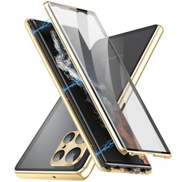 Imagem de YEXIONGYAN Capa magnética para Samsung Galaxy S24 Ultra/S24 Plus/S24 Plus/S24 capa de telefone de vidro temperado transparente dupla face com protetor de câmera à prova de choque de alumínio com trava