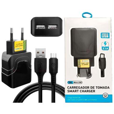 Imagem de Cabo Micro USB - V8 1m + Carregador Fonte Tomada 2 USB 5.1A Ultra Rápido Resistente - Dados E Caga