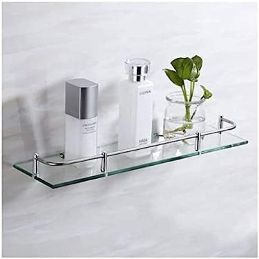 Imagem de Prateleira de chuveiro montada na parede Prateleira de armazenamento de banheiro de vidro retangular Rack de armazenamento de banheiro Organizador de cesta de cozinha com trilho de aço inoxi