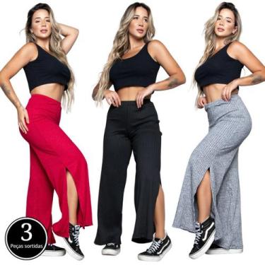 Imagem de Kit 3 Conjuntos Cropped Vekyo Canelado e Calça Pantalona Com Fenda Mod