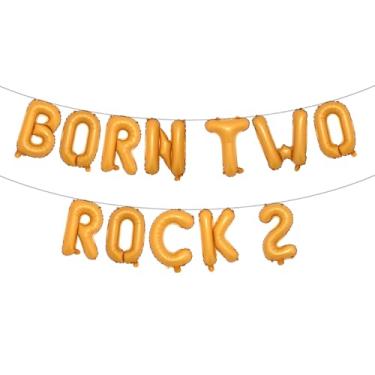 Imagem de Born Two Rock 2 Birthday Decorations Rock and Roll 2nd Birthday Party Supplies with Born Two Rock Balloon Banner Cake Topper Balloon for Rock Band Music Theme Party (BORN TWO ROCK 2 Orange)