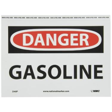 Imagem de NMC Placa D40P OSHA, legenda "DANGER - GASOLINE", 25,4 cm de comprimento x 17,8 cm de altura, vinil sensível à pressão, preto/vermelho em branco