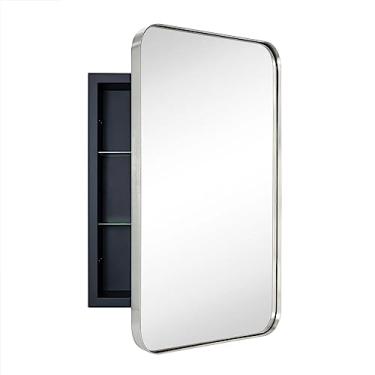 Imagem de EGHOME Armário de medicamentos para banheiro retangular de níquel escovado com espelho de aço inoxidável emoldurado de metal arredondado retangular armário de banheiro com espelho 40 x 61 cm