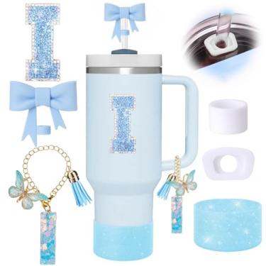 Imagem de Conjunto de 6 peças de acessórios de copo Stanley azul, topo de canudo de arco para copo Stanley 850 g 1,134 g, incluindo cobertura de palha e bota de silicone brilhante, tampas à prova de