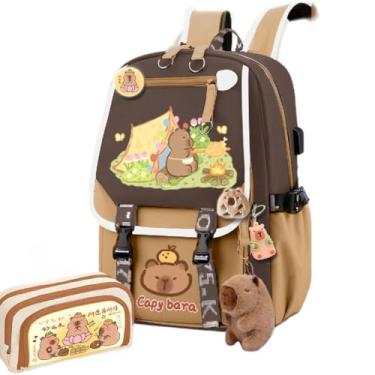 Imagem de Kapibara Mochila de desenho animado capivara grande capacidade impermeável Kapibara coisas kawaii mochila com alfinetes e acessórios, Padrão 8