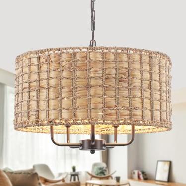 Imagem de JZQWCK Lustre De Vime Para Sala De Jantar, Lustre Estilo Boho Com 5 Luzes, Luminária Pendente Grande De Vime De 18,9 Pol., Lustre Costeiro Trançado Para Ilha De Cozinha, Hall De Entrada, Altura Ajus