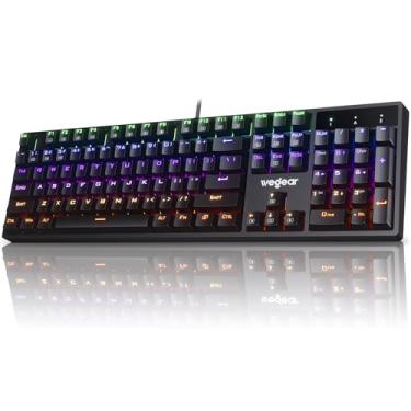 Imagem de Teclado mecânico RGB para jogos, interruptor azul, 104 teclas de tamanho completo com 11 modos de retroiluminação, anti-fantasma, teclas ABS de disparo duplo, placa de teclado de computador com fio