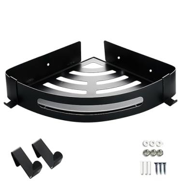 Imagem de Prateleira de canto montada na parede, pacote único, organizador de bandeja de banheiro com 2 ganchos, ideal para quarto, sala de estar, banheiro e cozinha (preto)