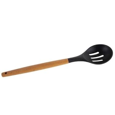 Imagem de COLHER VAZADA DE SILICONE COM CABO DE BAMBU 31,5CM (Preto)