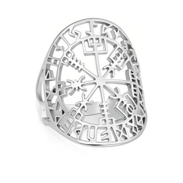 Imagem de Pregeckit Anel viking com símbolo Vegvisir, anéis de bússola pirata para homens e mulheres runa nórdica Valknut Odin joia de aço inoxidável ajustável, Aço inoxidável, Sem pedra preciosa