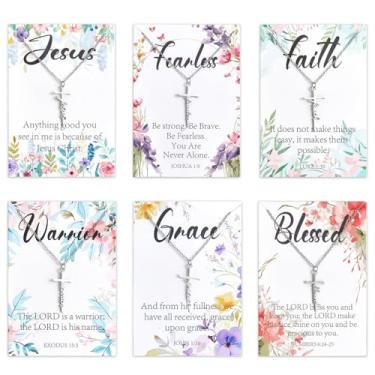 Imagem de ZOIIWA 24 colares de cruz de fé, presentes cristãos em massa, para mulheres, colar com versículo da Bíblia floral, cartão de escritura religiosa, pingente de cruz, joia inspiradora, presente para o