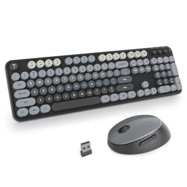 Imagem de iRoboosta Conjunto de teclado e mouse preto sem fio, teclado de máquina de escrever fofo de 2,4 GHz com teclas redondas, tamanho completo com teclado numérico, teclados estéticos para casa e