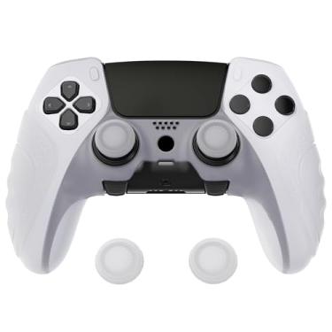 Imagem de PlayVital Guardian Edition Capa de silicone ergonômica antiderrapante para controle de borda ps5, película protetora de borracha macia para controle sem fio ps5 Edge com tampas de aperto de polegar - branco transparente