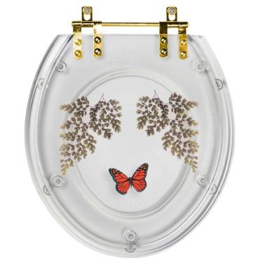 Imagem de Assento Sanitário Poliester Decorado Oval Transparente Avenca Com Borboleta Vermelha Com Ferragem Dourada