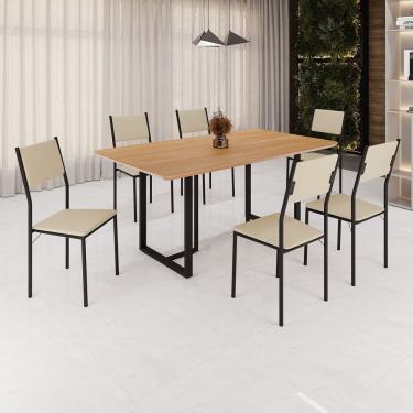 Imagem de Conjunto Sala De Jantar Mesa 160x90cm Base Lunna Tampo Mdf Florença Creme Preto