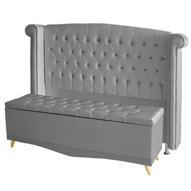 Imagem de Kit De Quarto Cabeceira De Cama Box E Calçadeira Baú Toquio Casal Queen 160 Cm Suede Pr...