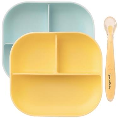 Imagem de UpwardBaby Conjunto Com 2 Pratos E Colheres Para Bebês - Sucção Dividida Em Silicone Bebês, Crianças Pequenas Pequenas. Menos Bagunça, Alimentação Porcionada, Antiderrapante, Atóxico, Sem Bpa, Azul/