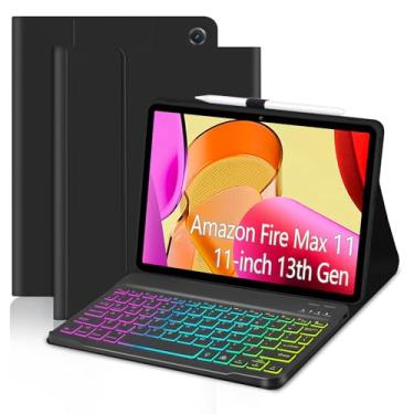 Imagem de EAMPANG Capa Com Teclado Para Amazon Fire Max 11" (13ª Geração, Lançamento De 2023), 7 Cores, Arco-Íris, Retroiluminação, Destacável, Carregador Tipo C, Suporte Magnético Caneta, 13ª Preto