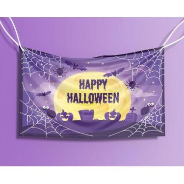 Imagem de Bandeira Decorativa Lua Happy Halloween 80cmx140cm Tecido Oxford 100% 