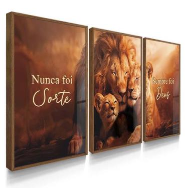 Imagem de Quadro Decorativo Trio Família Leão Sorte Deus Fé Sala 70x50 Kit com V