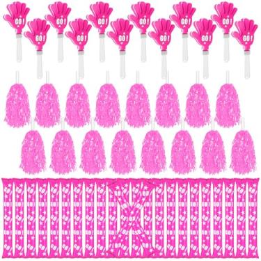 Imagem de Hungdao 60 peças de lembrancinhas de festa para fazer barulho, incluindo 24 bastões de trovão, 12 palmas de mão, 24 pompons de torcida para eventos esportivos, acessórios de futebol (rosa)