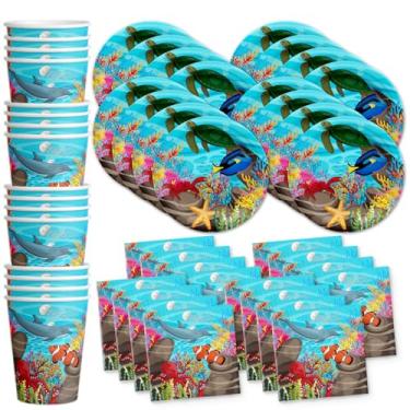 Imagem de Ocean Sea Life Birthday Party Supplies Set Plates Napkins Cups Tableware Kit for 16