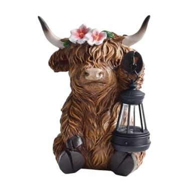 Imagem de Gralara Estátua de vaca Terras Altas, escultura animal com lanterna solar, artesanato, presentes, ornamento, lâmpada de paisagem para quintal, pátio, Vaca Sentada