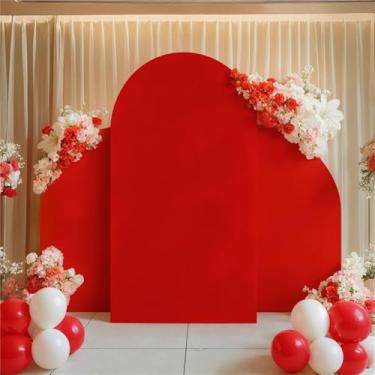 Imagem de Kitegrese Capa de arco de casamento elastano com suporte de arco, topo redondo Chiara e arco de meia lua conjunto de 3, para decoração de banquete de cerimônia de festa de aniversário (vermelho)