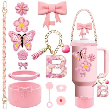 Imagem de XIANGYUAN Conjunto de acessórios de copo rosa de 14 peças para copo Stanley Cup de 850 g 1,134 g com alça, inclui alça, decoração de arco de palha, capa de palha, bota, tampas à prova de derramamento
