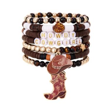 Imagem de Caiyao Conjunto de 7 peças de pulseiras empilháveis de caubói ocidental HOWDY retrô chapéu country botas de argila com contas elásticas para mulheres e homens country tema concerto festa joias