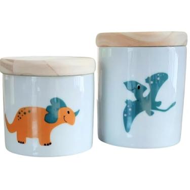 Imagem de Antilope Decor Porcelanas, Kit higiene bebê Dinossauro 2 potes - Peças Porcelana Tampas Pinus