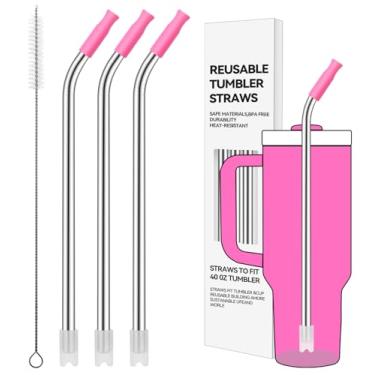 Imagem de Prurex Canudos reutilizáveis de aço inoxidável com ponta de silicone para Stanley 1,134 g, canudos de metal para copo de 1134 g, 3 tubos dobrados e 6 pontas e 1 escova Cleanr (violeta vívido)