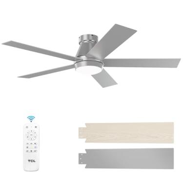 Imagem de TCL Ventilador de teto de 132 cm com luzes, suporte nivelado prateado, perfil baixo de 5 lâminas, 6 velocidades DC reversível, regulável, moderno para quarto, sala de estar e garagem