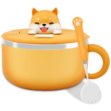 Imagem de PoDhey Tigela de macarrão de aço inoxidável 304 de 1200 ml com tampa e garfo resistente ao calor tigela de macarrão instantâneo com alças à prova de poeira tigela de macarrão ramen portátil para