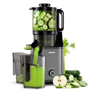 Imagem de Espremedor a frio, calha de alimentação extra grande de 14,5 cm, extrator de suco com eixo duplo, espremedor de mastigação lenta para vegetais e frutas inteiros, alto rendimento de suco, fácil de