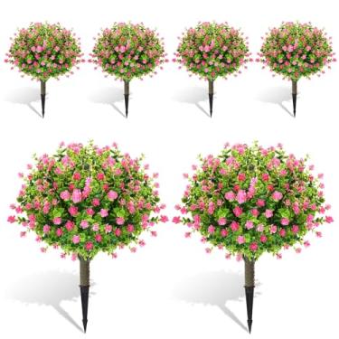 Imagem de Yunlly 6 bolas de topiária de buxo artificial com flores, árvore topiária de 55,88 cm, resistente a UV, arbustos de vegetação sintética ao ar livre com pontas no chão, escova de plantas falsas para