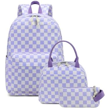 Imagem de Bluboon Mochila escolar para adolescentes, meninas, meninos, crianças, mochilas escolares com lancheira, Xadrez roxo e branco, Large, Mochila escolar