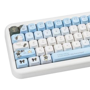 Imagem de COOMICKEY Teclas PBT azuis brancas fofas borboletas redondas 60 75 100 por cento, capas de teclas estéticas tema lírio personalizadas 145 teclas, perfil FOA para teclados mecânicos Cherry Gateron MX