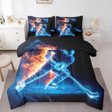 Imagem de Erosebridal Jogo de cama Queen de jogador de hóquei no gelo, esportes de inverno, 7 peças, conjunto de cama para crianças, meninos, adolescentes e adultos, com lençol com lençol azul marinho em um