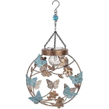 Imagem de Sunset Vista Designs Decoração de jardim com iluminação solar - Luz LED pendurada em borboletas e flores, 50 cm de comprimento, pátina de cobre e azul
