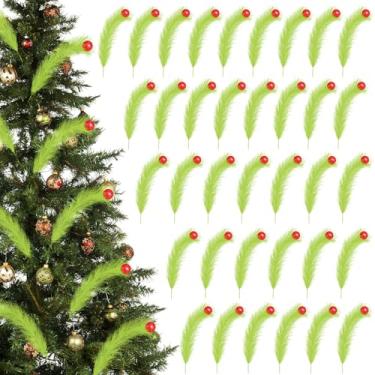 Imagem de 36 peças de topo de árvore de Natal, palitos de árvore encaracolados verde-limão, 43 cm, com bola vermelha, hastes verdes artificiais de Natal, para decoração de guirlanda de casa no inverno